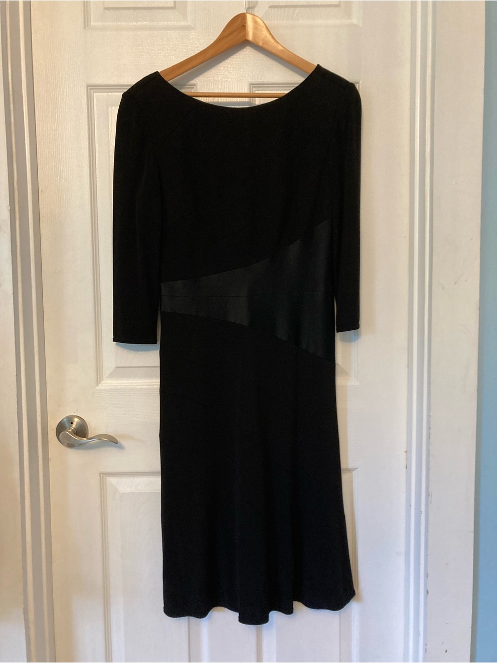 Talbots Black Long-Sleeve Boatneck Dress with Diagonal Satin Panel